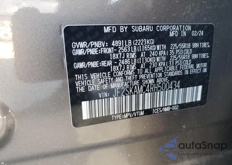 2024 Subaru Forester Touring z USA, uszkodzony, nr VIN JF2SKAMC4RH500434